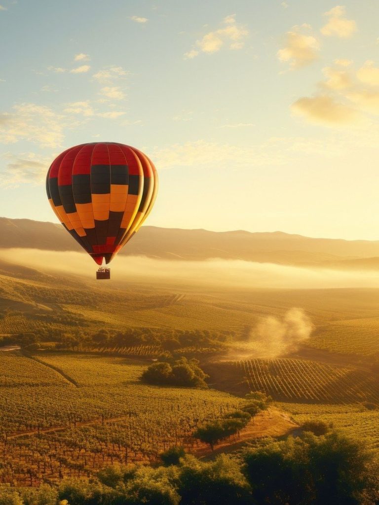 Hot Air Balloon floating above a golden hillside.